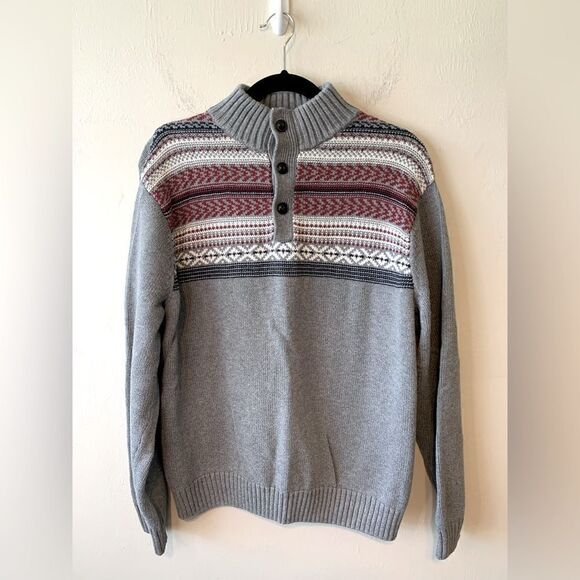 Chaps Gray and Red Nordic Print Button Sweater size L - Picture 1 of 9